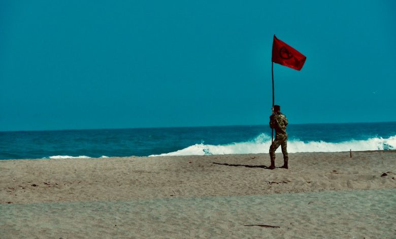 woman in black and white dress holding red flag standing on beach during daytime