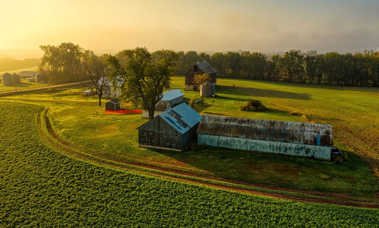 Stunning aerial photo of a rural farm in Minnesota, showcasing lush fields and historic barns at sunrise.